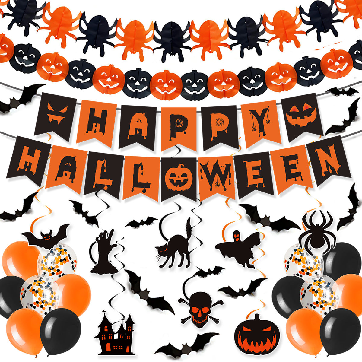 Halloween Party Decorations Black Orange Bats Flags Streamers Balloons Set