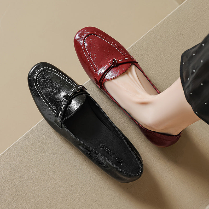 Elegant Genuine Leather Pointed Toe Versatile Shallow Bow Flats