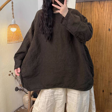 Loose Linen Round Neck Plus Casual Versatile Long Sleeves Tops