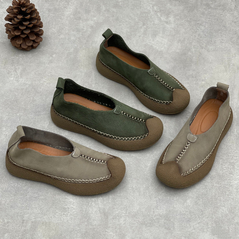 Retro Lazy Leather Round Toe Soft Everyday Flat Sole Slip-Ons