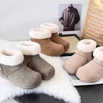 Winter Leather Sueded Round Toe Woolen Patchwork Soft Sole Boots
