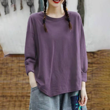 Autumn 100% Cotton Solid Color Round Neck Long Sleeves Pullovers