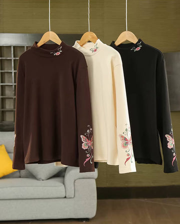 Spring Plush High Neck Embroidered Butterflies Loose Tops