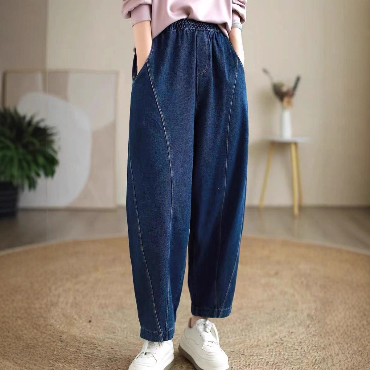 Women Retro Denim Washed Cotton Elastic Waist Harem Pants