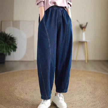 Women Retro Denim Washed Cotton Elastic Waist Harem Pants