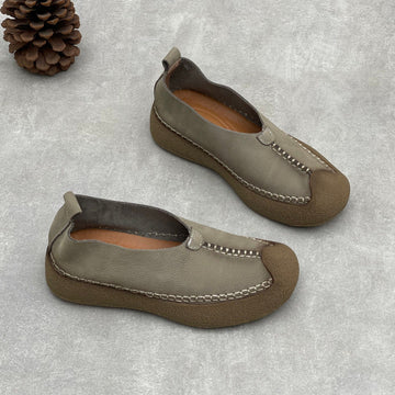 Retro Lazy Leather Round Toe Soft Everyday Flat Sole Slip-Ons