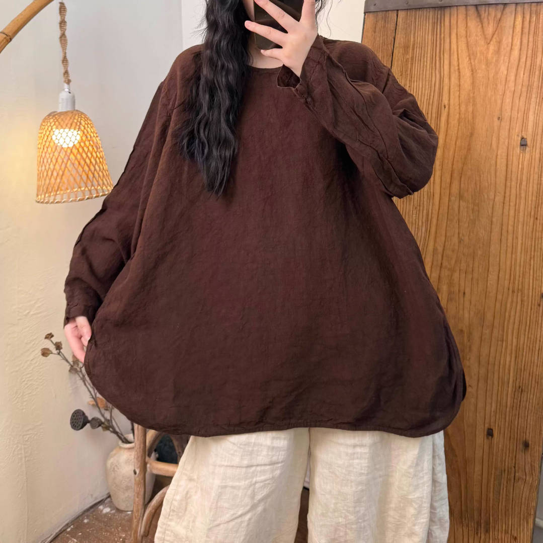 Loose Linen Round Neck Plus Casual Versatile Long Sleeves Tops