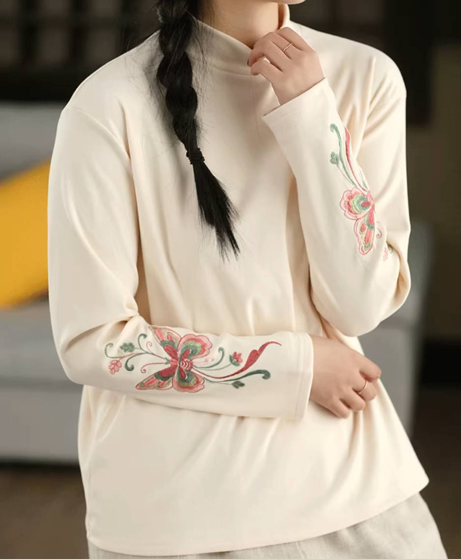 Spring Plush High Neck Embroidered Butterflies Loose Tops