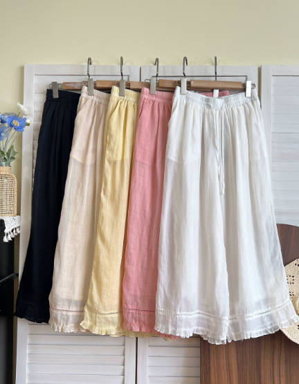 Summer Versatile Retro Casual Ramie Lace Trim Harem Cropped Pants