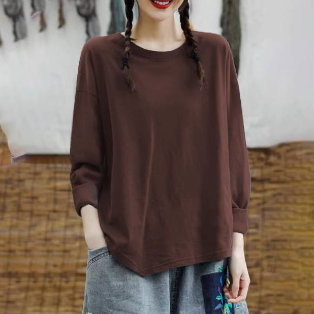 Autumn 100% Cotton Solid Color Round Neck Long Sleeves Pullovers