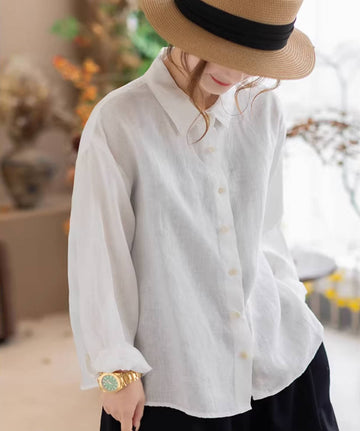 Linen Solid Color Casual Slim Versatile Loose Lapel Shirt