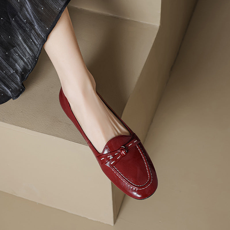 Elegant Genuine Leather Pointed Toe Versatile Shallow Bow Flats