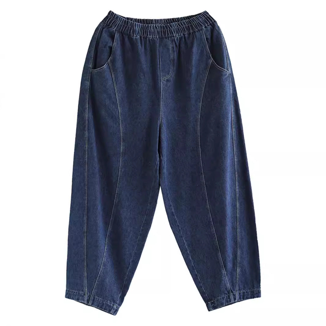 Women Retro Denim Washed Cotton Elastic Waist Harem Pants