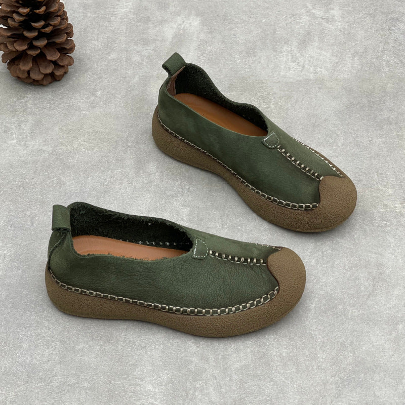 Retro Lazy Leather Round Toe Soft Everyday Flat Sole Slip-Ons