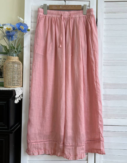 Summer Versatile Retro Casual Ramie Lace Trim Harem Cropped Pants