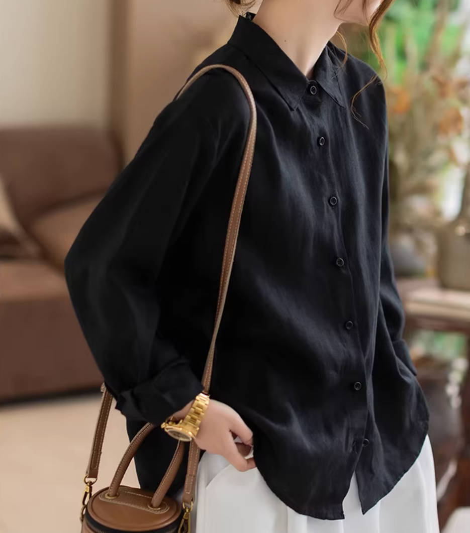 Linen Solid Color Casual Slim Versatile Loose Lapel Shirt