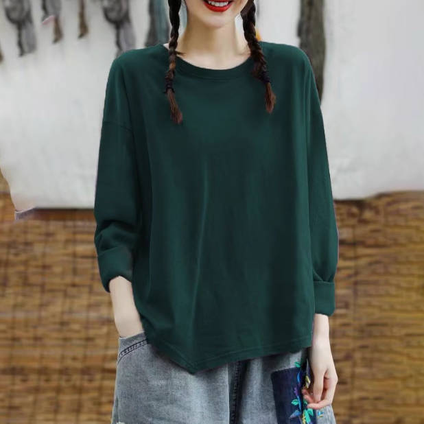 Autumn 100% Cotton Solid Color Round Neck Long Sleeves Pullovers