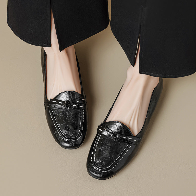 Elegant Genuine Leather Pointed Toe Versatile Shallow Bow Flats