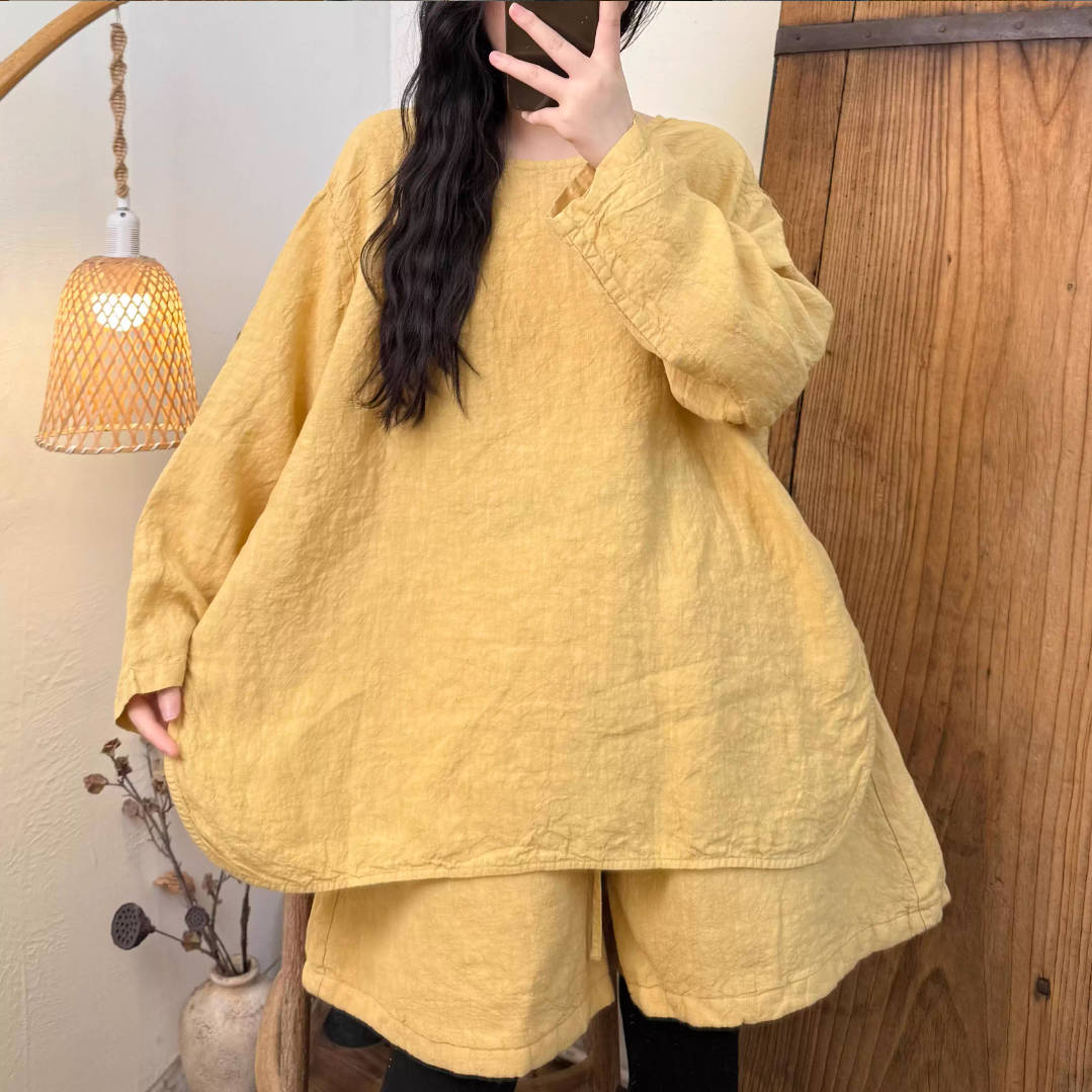 Loose Linen Round Neck Plus Casual Versatile Long Sleeves Tops