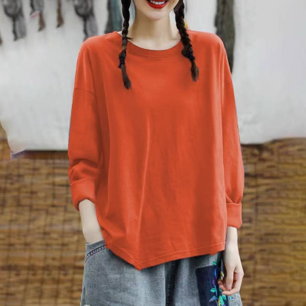 Autumn 100% Cotton Solid Color Round Neck Long Sleeves Pullovers