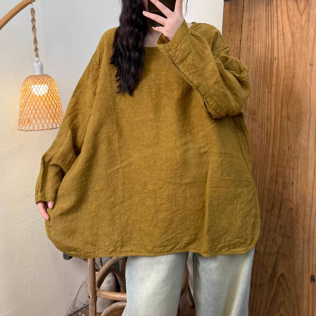 Loose Linen Round Neck Plus Casual Versatile Long Sleeves Tops