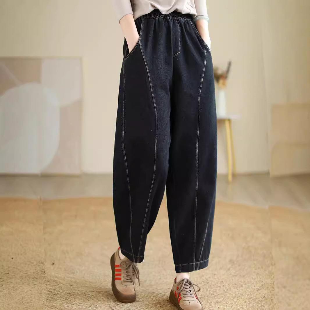 Women Retro Denim Washed Cotton Elastic Waist Harem Pants