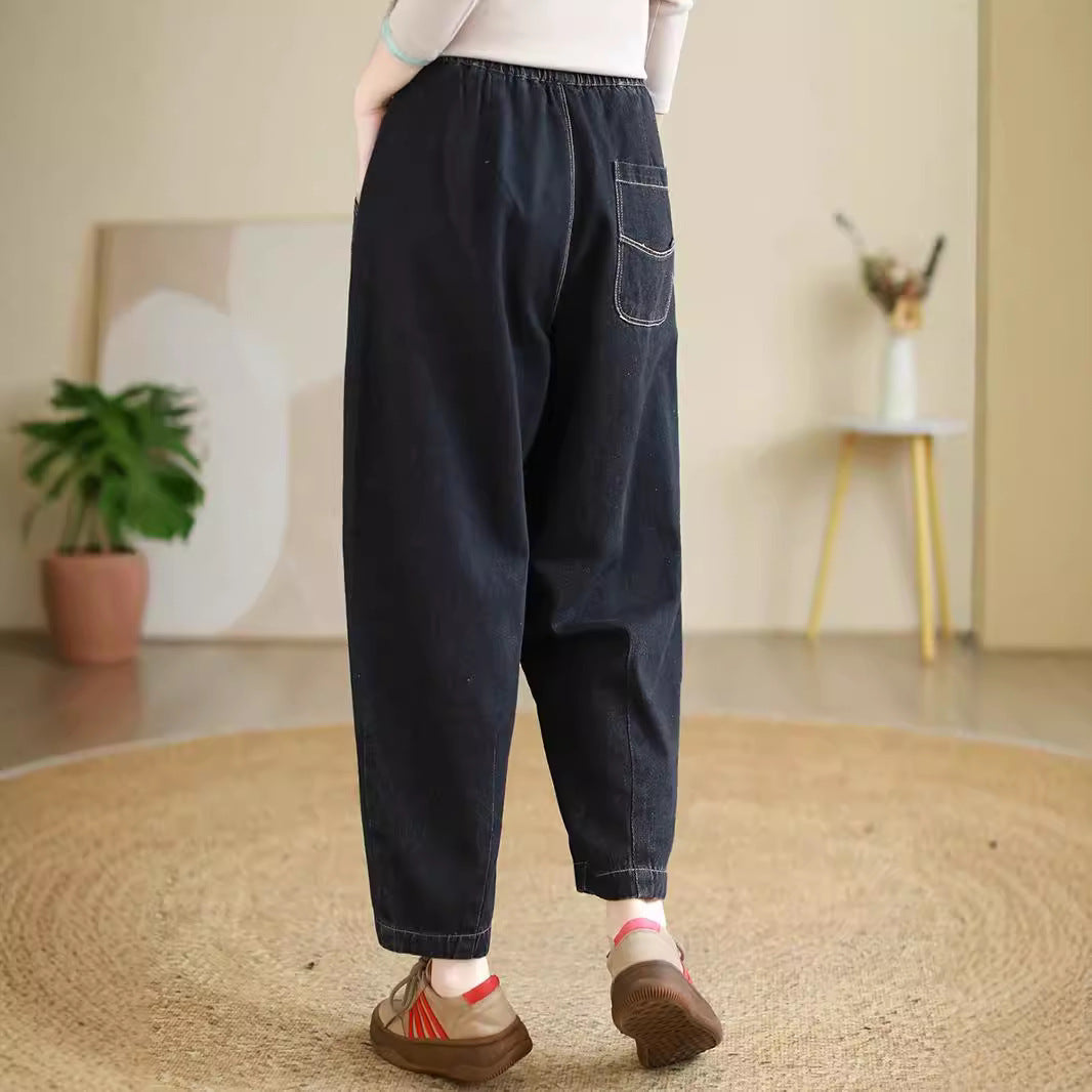 Women Retro Denim Washed Cotton Elastic Waist Harem Pants