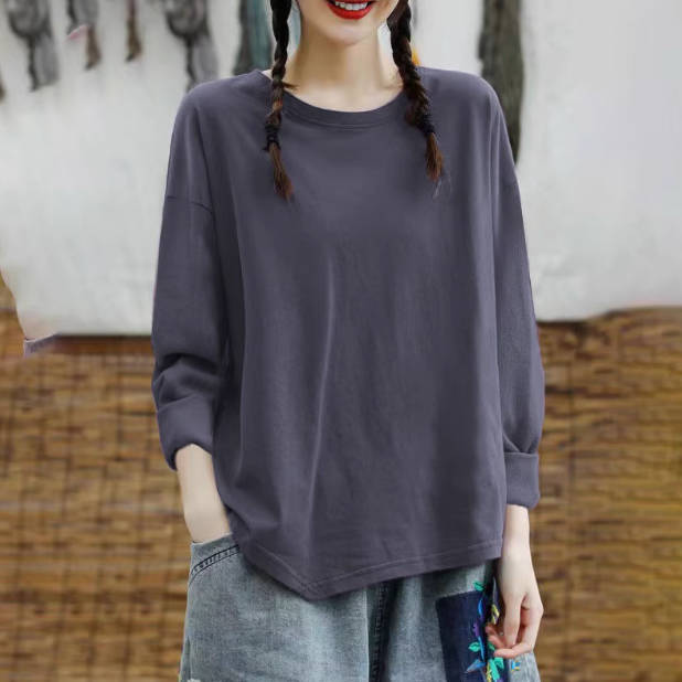 Autumn 100% Cotton Solid Color Round Neck Long Sleeves Pullovers