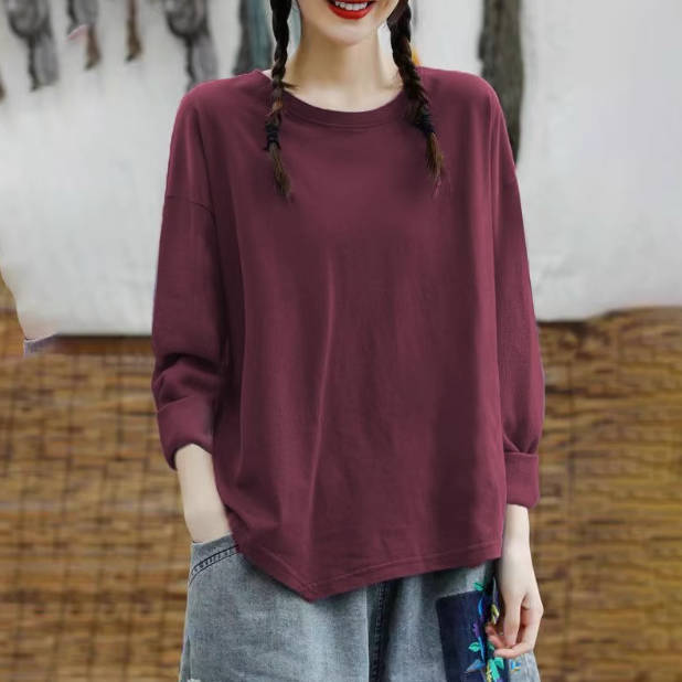 Autumn 100% Cotton Solid Color Round Neck Long Sleeves Pullovers