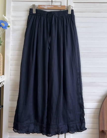 Summer Versatile Retro Casual Ramie Lace Trim Harem Cropped Pants