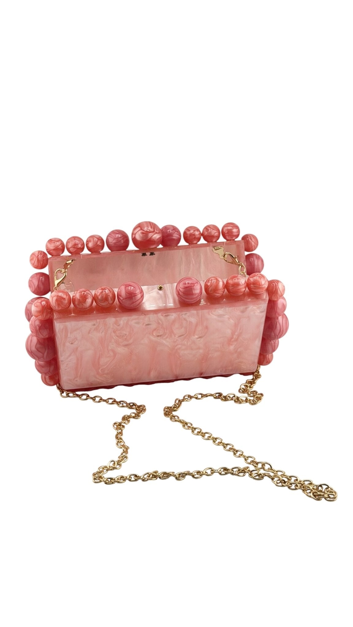 Beaded Acrylic Box Clutch with Pearl Trim & Gold Chain