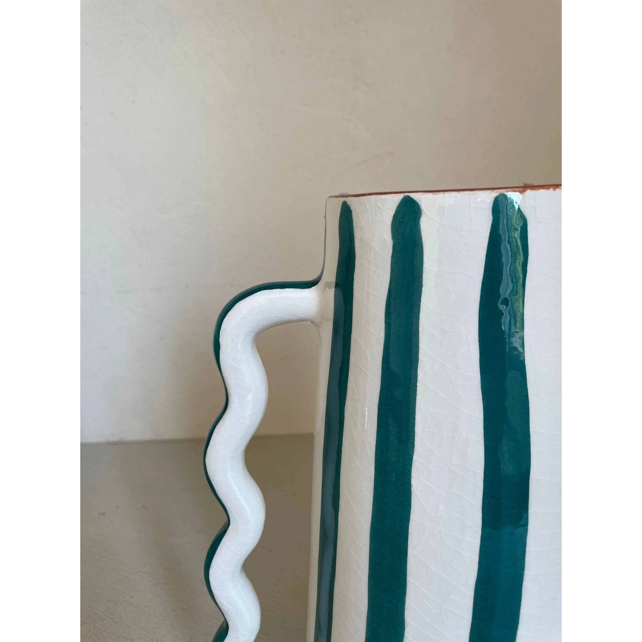 Fir Green and White Striped Abstract Ceramic Vase