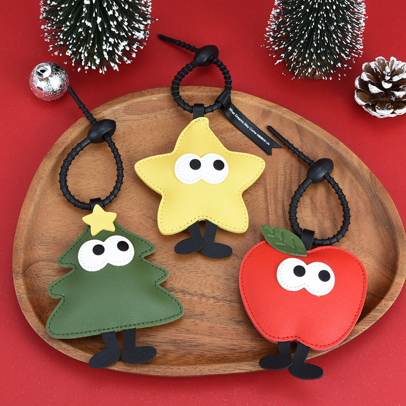 Christmas Tree Apple Keychain Cute Cartoon PU Leather Pendant Gift