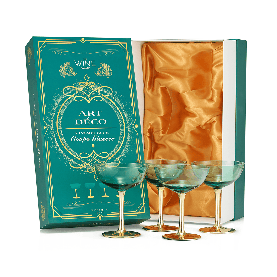 Gold & Green Coupe Art Deco Glasses, Gold | Set of 4