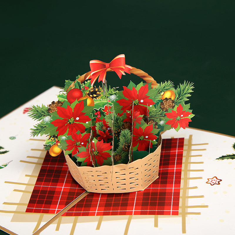 New 3D Christmas Card Handmade Paper Carved Basket Gift Holiday Greeting