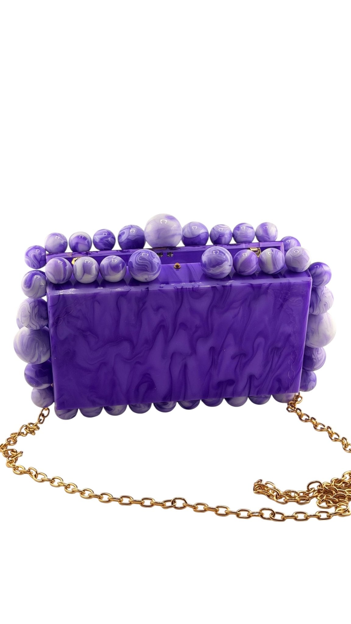 Beaded Acrylic Box Clutch with Pearl Trim & Gold Chain