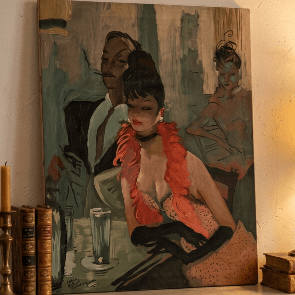 Vintage Oil on Canvas in the Style of Jean Gabriel Domergue ¡ª Parisian Cabaret Scene