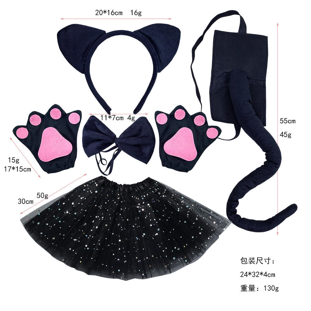 Halloween Black Cat Ears Headband With Plush Animal Ears Set