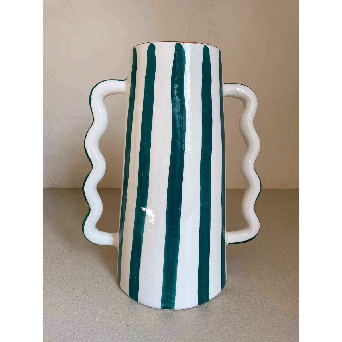 Fir Green and White Striped Abstract Ceramic Vase