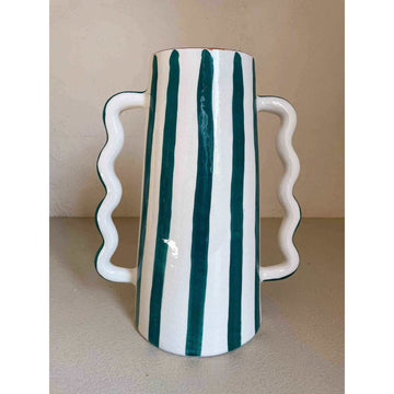 Fir Green and White Striped Abstract Ceramic Vase