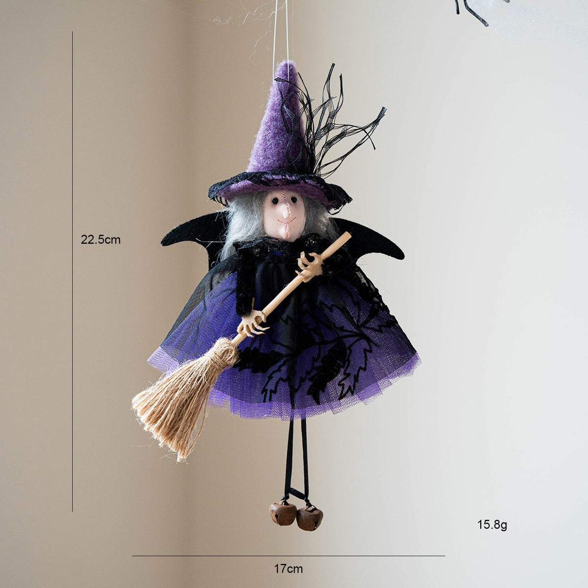 Halloween Mesh Broom Witch Decoration Bell Dangler