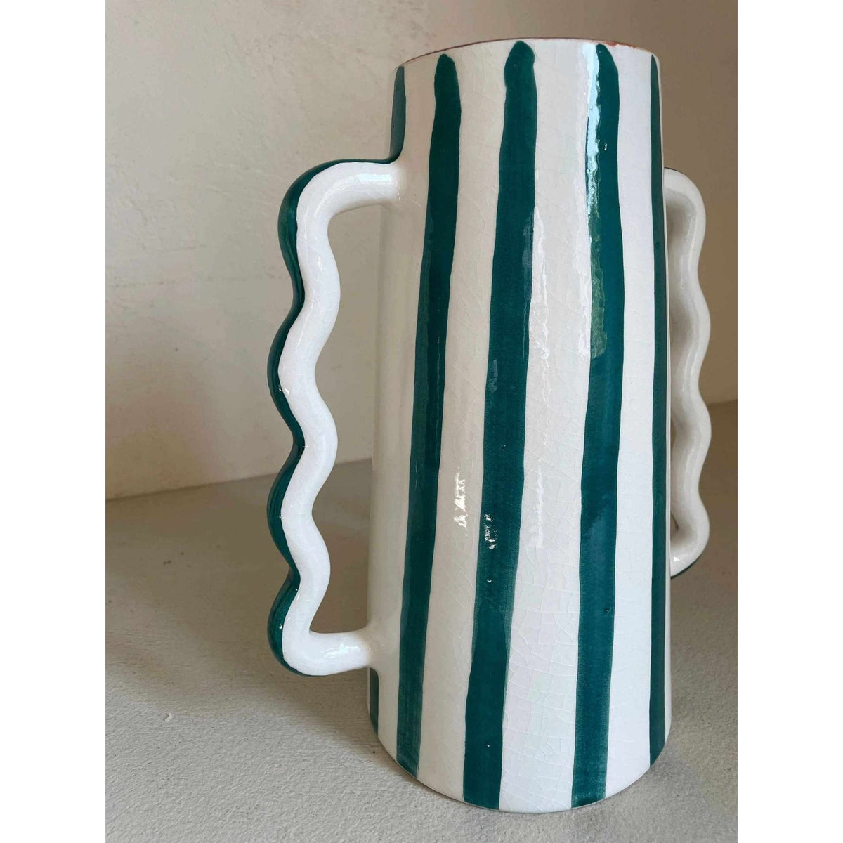 Fir Green and White Striped Abstract Ceramic Vase
