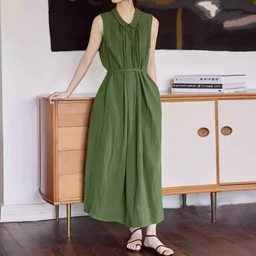 Summer Elegant Sleeveless Lapel Green Casual Loose Slim Dress