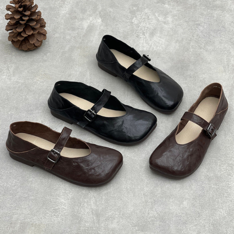 Sheepskin Leather Square Toe One Straped Shallow Elegant Flats
