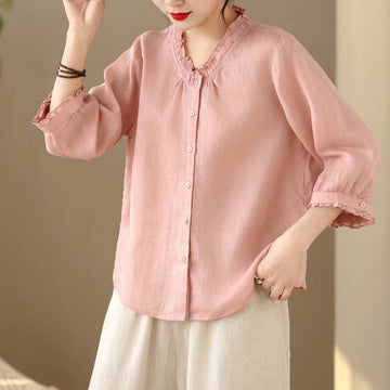 Retro Solid Color Ramie Ruffled Neck Thin Elegant Half Sleeves Shirt