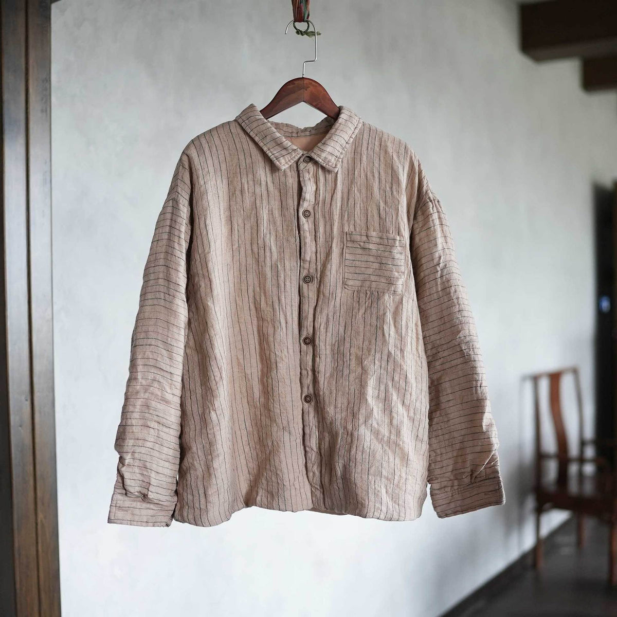 Winter Retro Linen Warm Cotton-In Striped Shirt Coat