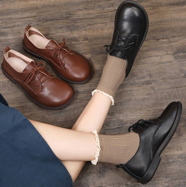 Retro Casual Genuine Leather Round Toe Lace Up Lazy Flats