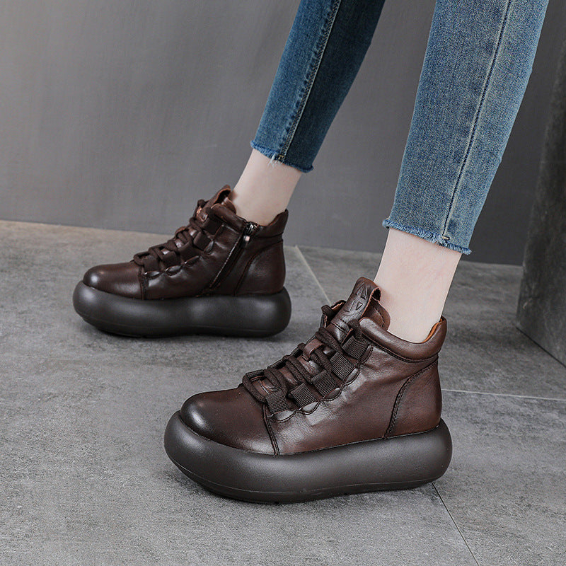 Retro Genuine Leather Thick Sole Platform Zipper Shoes