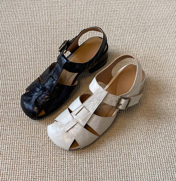 Hollow Out Leather Single Strap Chunky Heel Roman Sandals