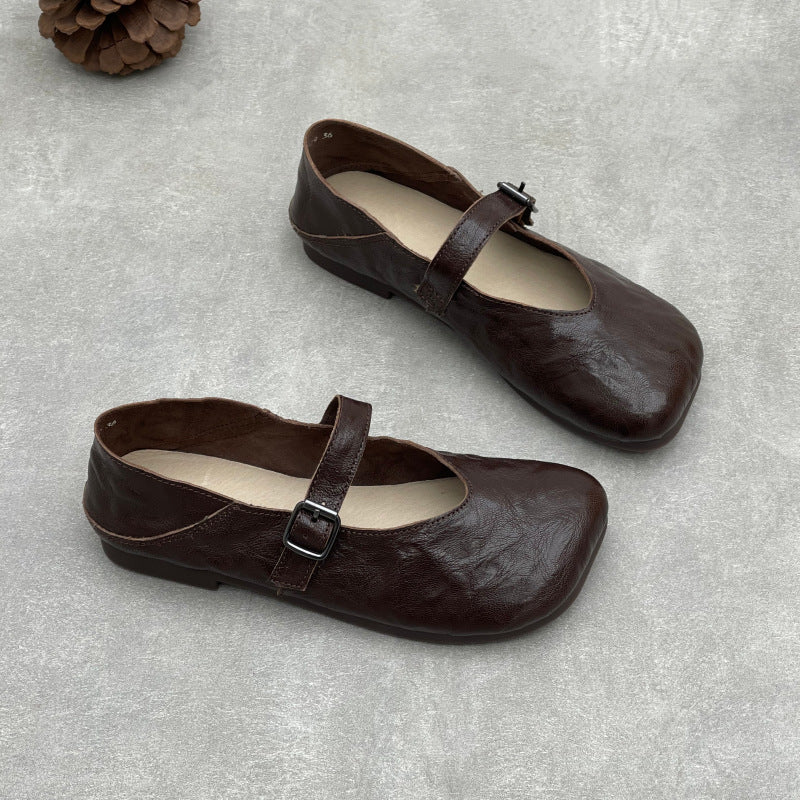 Sheepskin Leather Square Toe One Straped Shallow Elegant Flats
